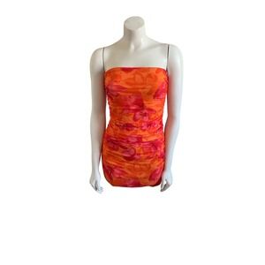 Orange Pink Floral Strapless Ruched Mini Dress | Sleeveless